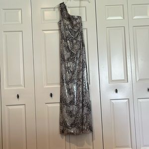 Cache one shoulder formal long dress in python pattern.   Size 0.